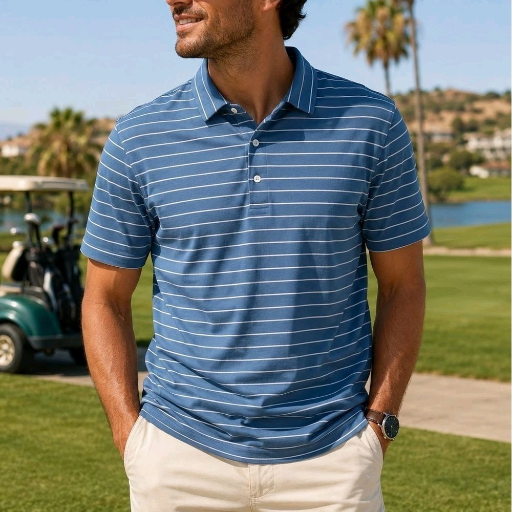 Dunning‎ Golf Blue White Striped Stretch Athleisure Sporty Polo Shirt Size 2XL